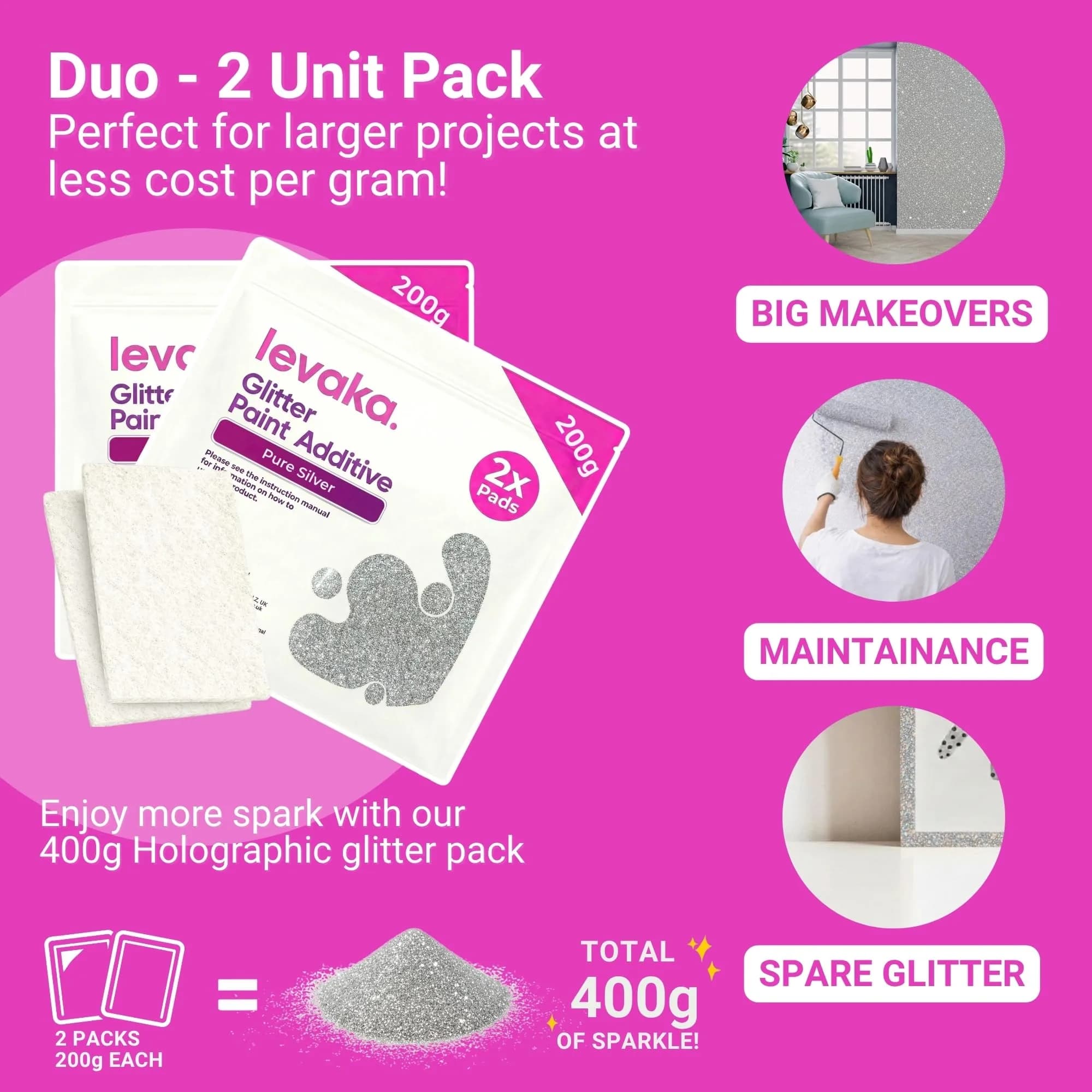 FBGC Pure Silver Glitter Paint Additive 400g (14.11oz) | Adds Sparkle to Walls & Furniture - view 2