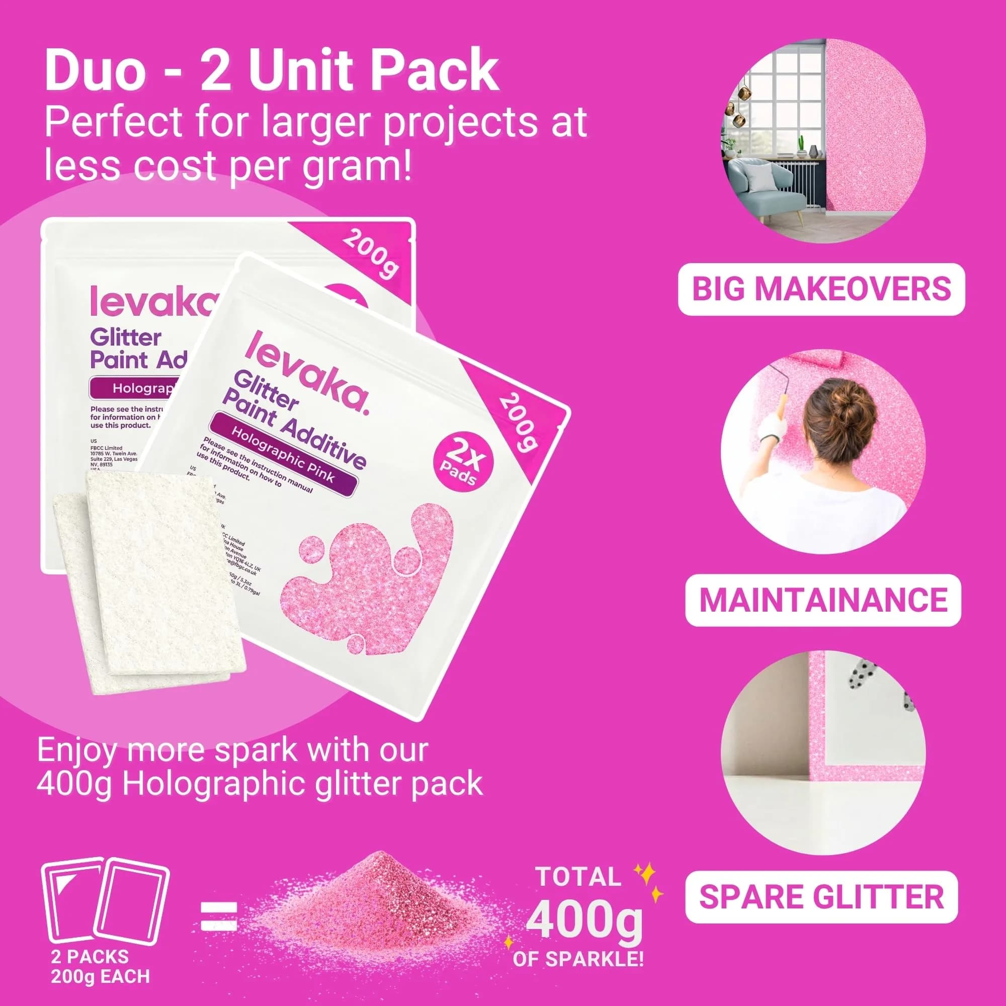 FBGC Pure Silver Holographic Pink Glitter Paint Additive 14.11oz (400g) for Walls & Furniture - view 2