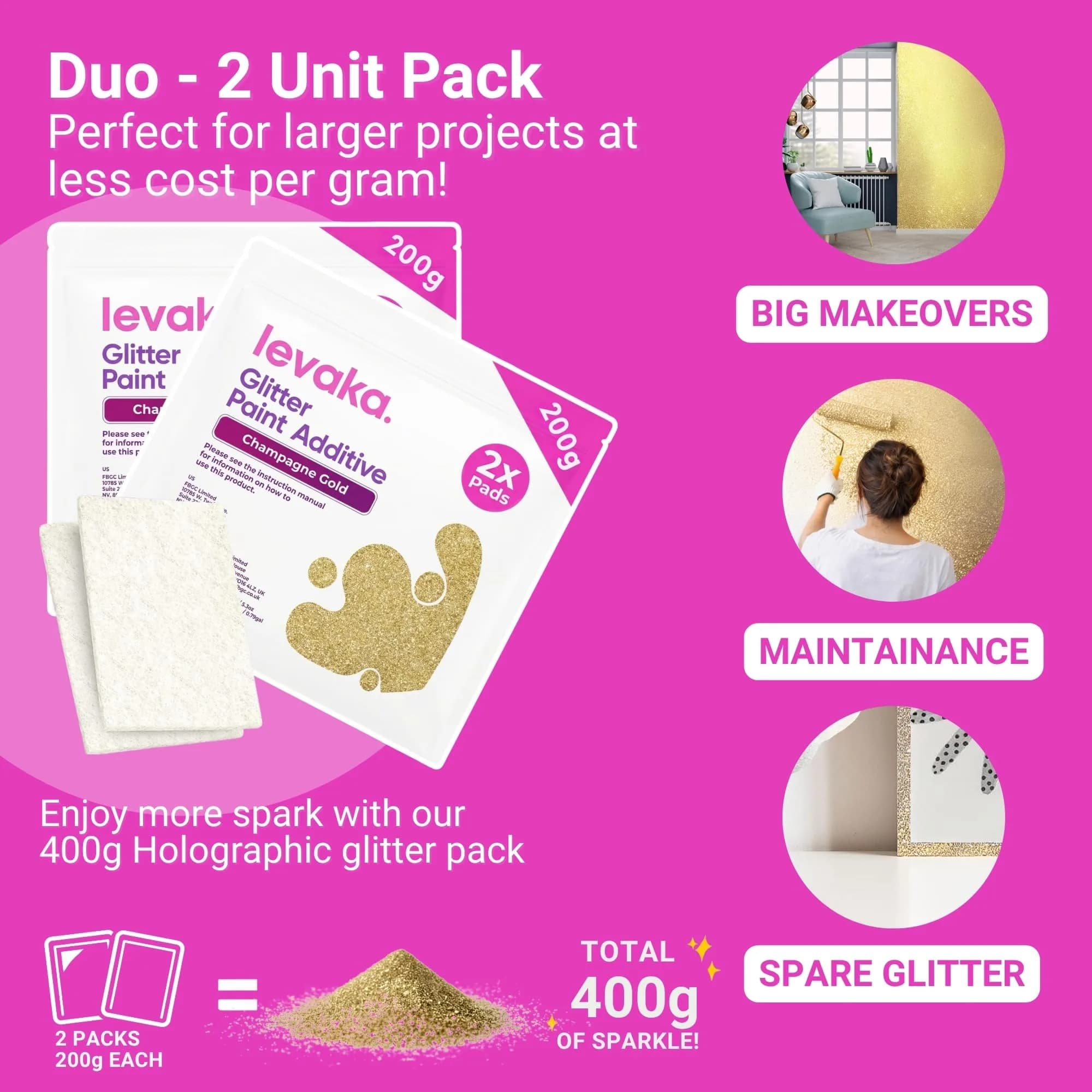 FBGC Pure Silver Glitter Paint Additive - Champagne Gold, 14.11oz (400g) for Walls & Furniture Sparkle - view 2