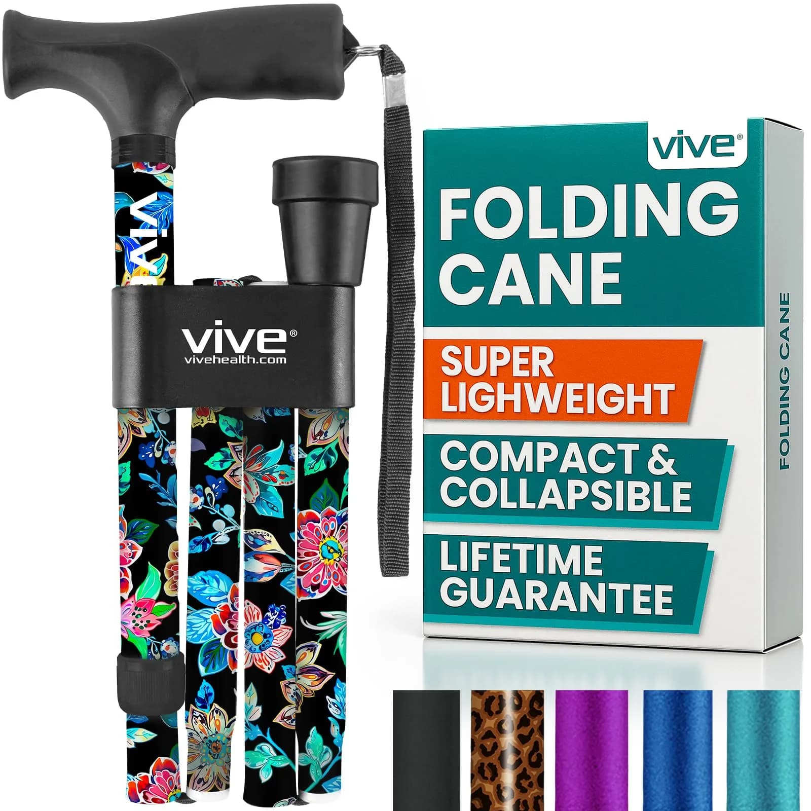Vive Folding Cane - Neon Flower Pattern, Adjustable Lightweight Aluminum Mobility Aid with Ergonomic Grip - main product image