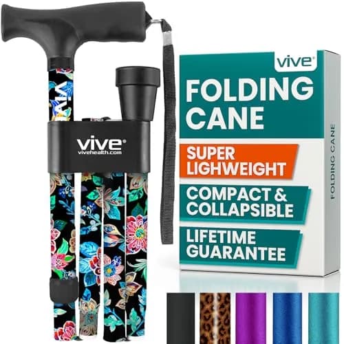 Vive Folding Cane - Adjustable Walking Stick with Ergonomic Grip & Non-Slip Tip, 33"-37" (Neon Flower) thumbnail 1