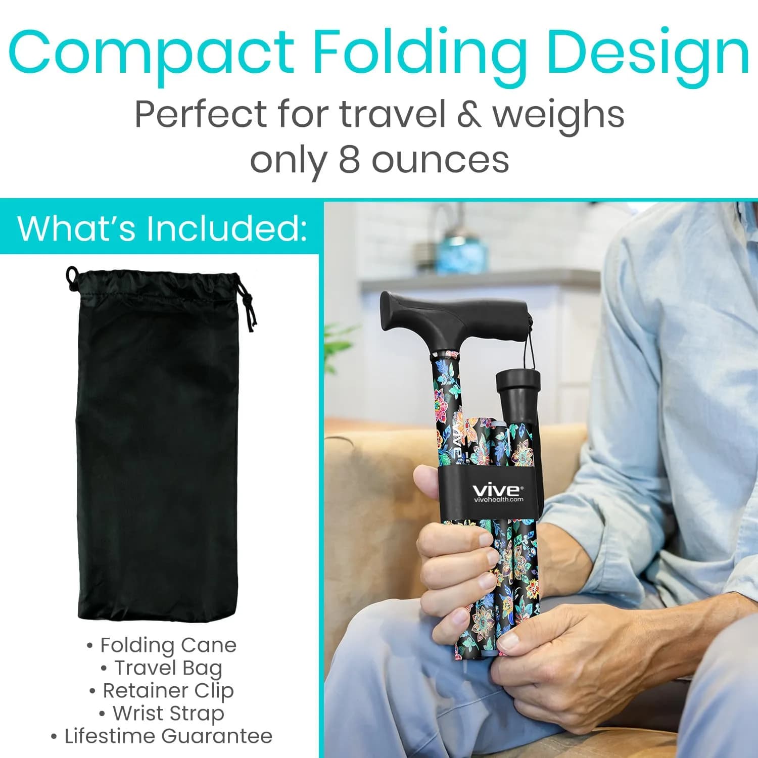 Vive Folding Cane - Neon Flower Pattern, Adjustable Lightweight Aluminum Mobility Aid with Ergonomic Grip - view 2