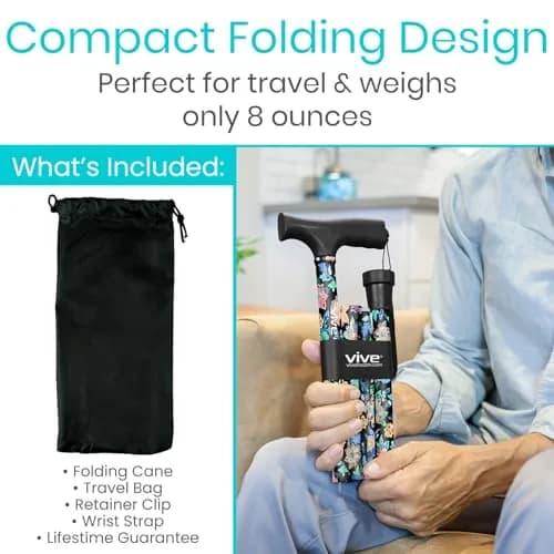 Vive Folding Cane - Adjustable Walking Stick with Ergonomic Grip & Non-Slip Tip, 33"-37" (Neon Flower) thumbnail 2