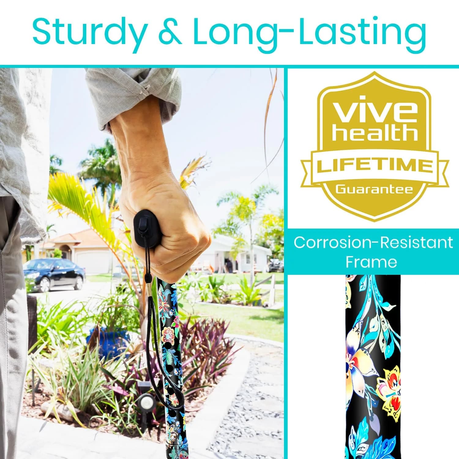 Vive Folding Cane - Neon Flower Pattern, Adjustable Lightweight Aluminum Mobility Aid with Ergonomic Grip - view 3