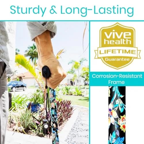 Vive Folding Cane - Adjustable Walking Stick with Ergonomic Grip & Non-Slip Tip, 33"-37" (Neon Flower) thumbnail 3
