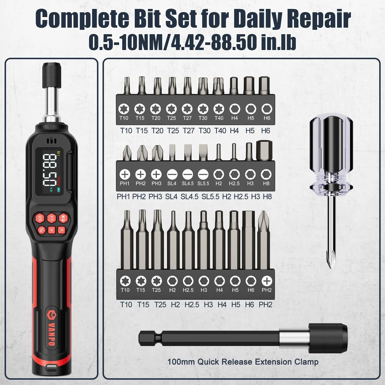 VANPO Digital Torque Screwdriver 0.5-10 Nm (4.42-88.5 in-lb) | Precision Tool for Bikes, Optics & Electronics thumbnail 5