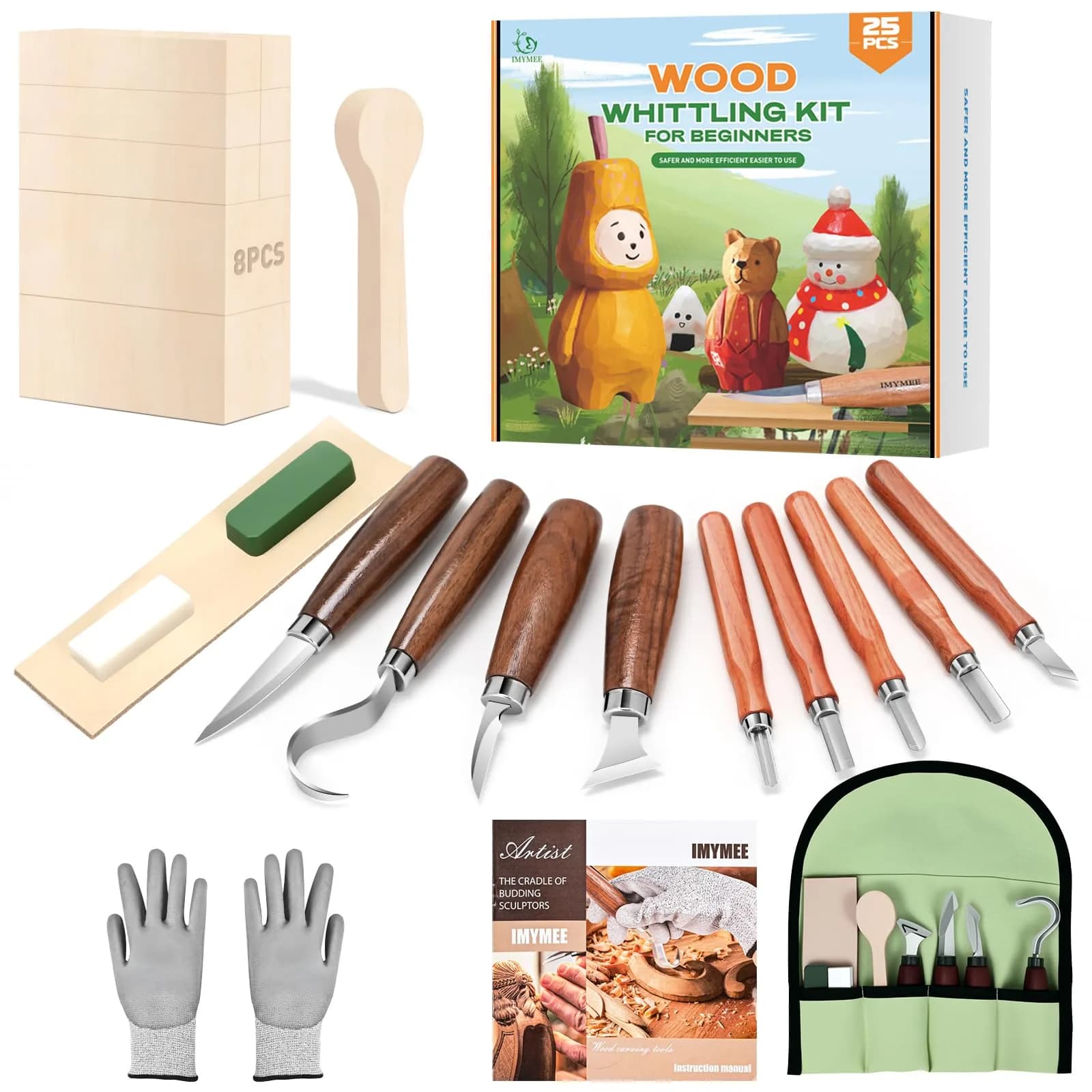IMYMEE Wood Whittling Kit for Beginners - 25-Piece Set with Basswood Blocks & Carving Tools | Walnut Handles - main product image