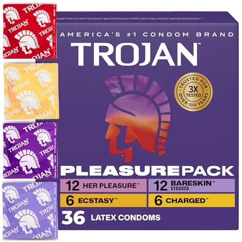 Trojan Pleasure Pack Assorted Latex Lubricated Condoms 36 Count | Variety for Intense Pleasure thumbnail 1