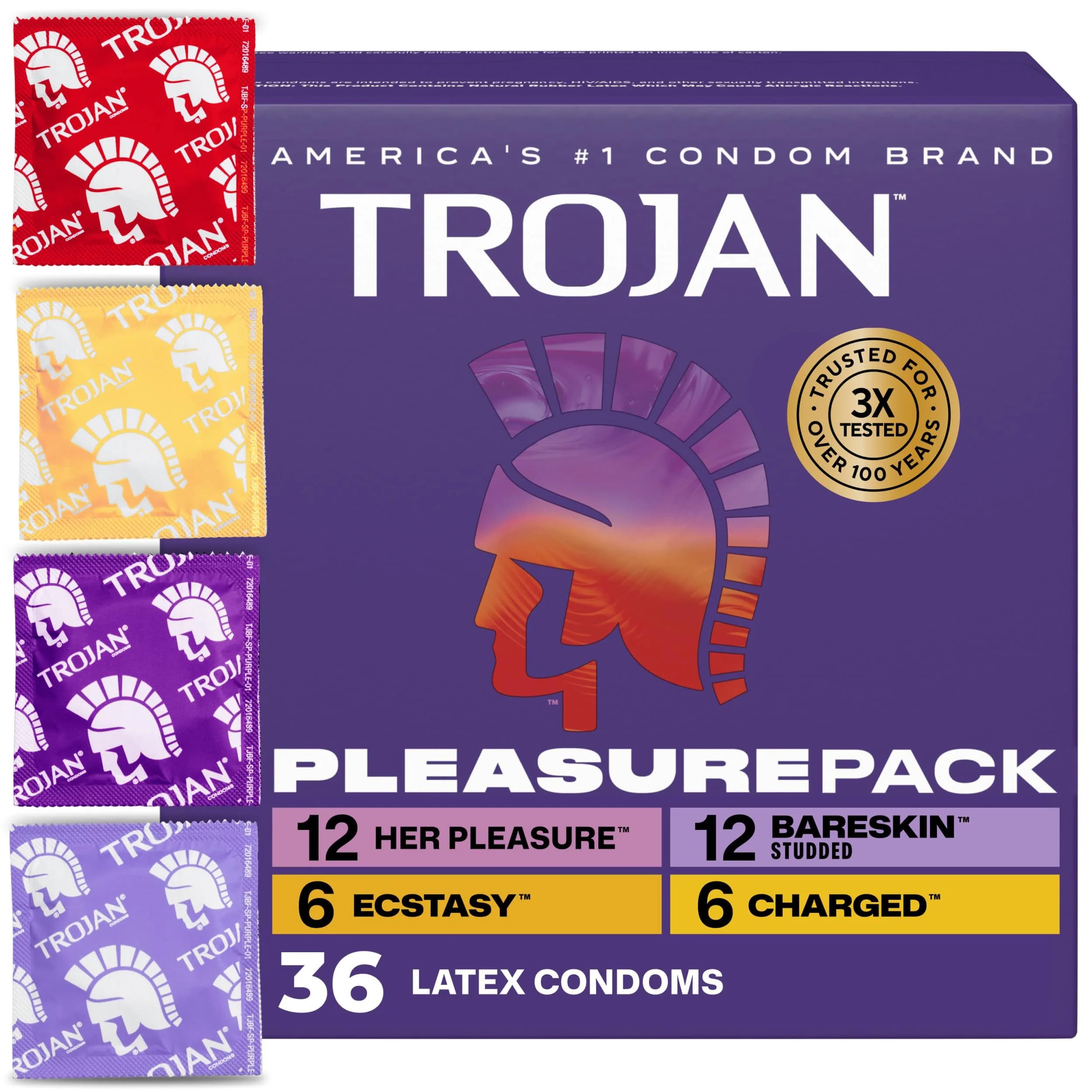 Trojan Pleasure Pack Assorted Latex Lubricated Condoms 36 Count | Variety for Intense Pleasure - main product image