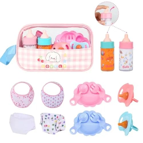 CARANOVO Baby Doll Feeding & Caring Set, 7-Piece Kit for 10-17 Inch Dolls, Pink — with pink bag