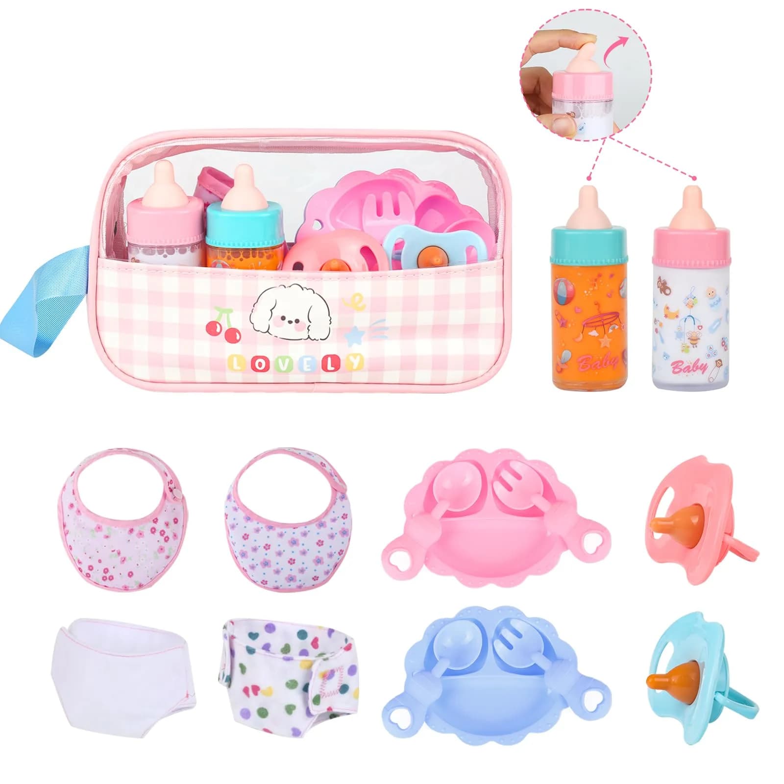 CARANOVO Baby Doll Feeding & Caring Set, 7-Piece Kit for 10-17 Inch Dolls, Pink
