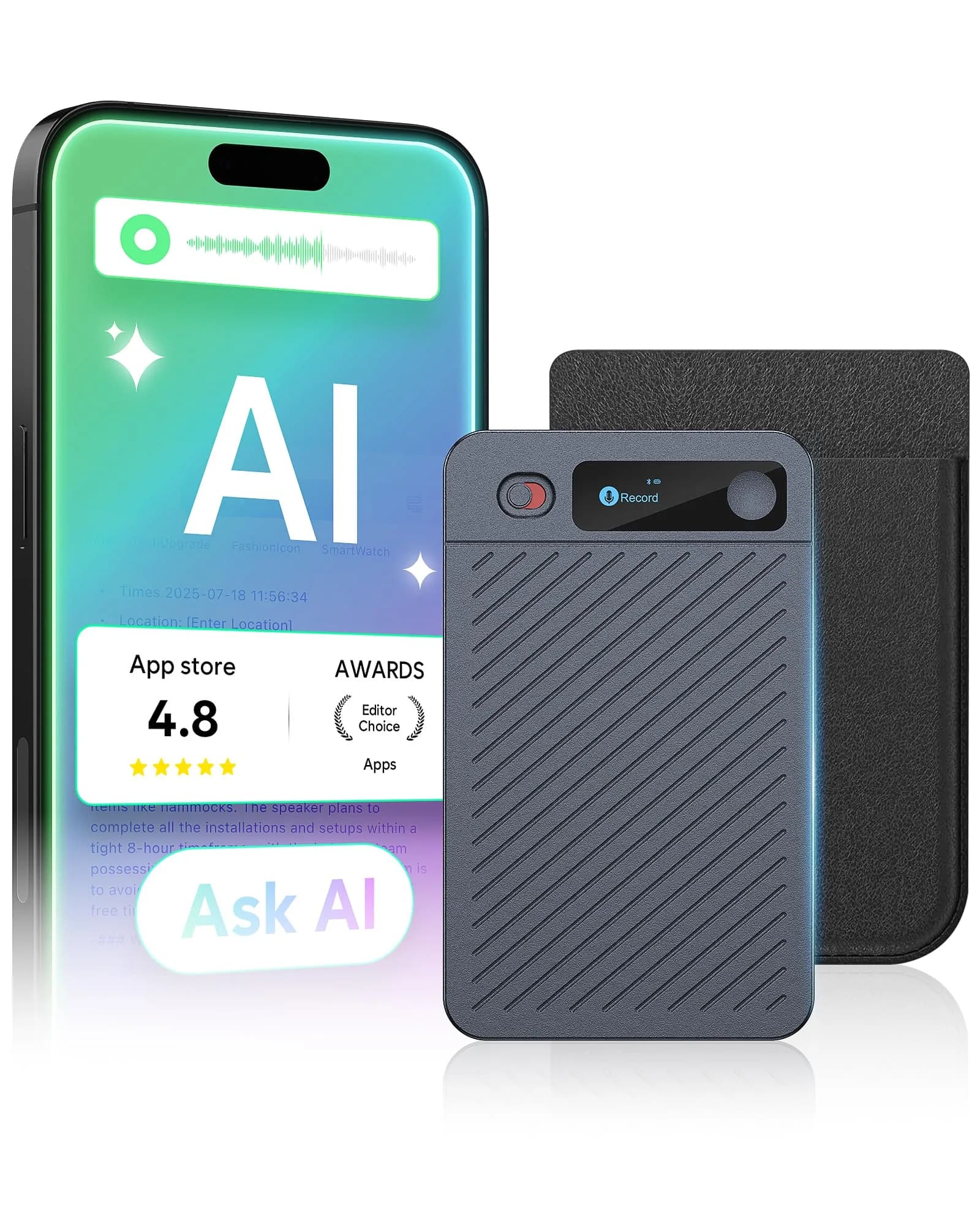 Elasound AI Voice Recorder 64GB | Transcribe & Summarize in 121 Languages, 45H Battery, Magnetic Case — Light Black