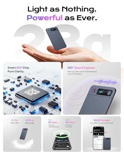 Elasound AI Voice Recorder 64GB | Transcribe & Summarize in 121 Languages, 45H Battery, Magnetic Case thumbnail 4