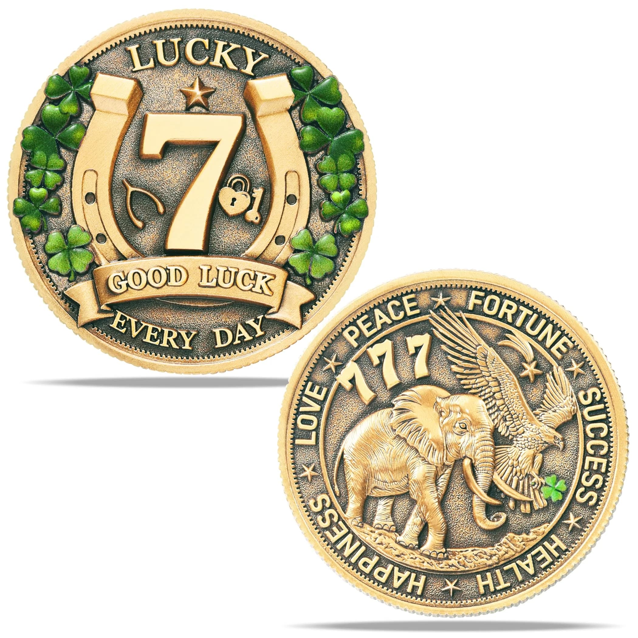 LParkin Lucky Coin Charm 1.57 inches | Four Leaf Clover & Elephant Prosperity Token
