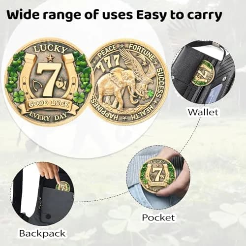 LParkin Lucky Coin Charm 1.57 inches | Four Leaf Clover & Elephant Prosperity Token thumbnail 4