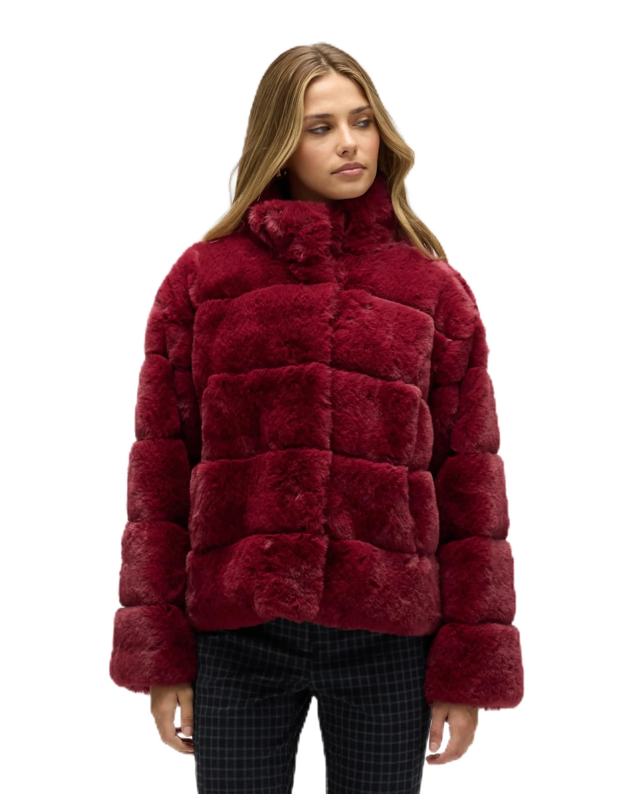 NVLT Women’s Wide Stripe Faux Fur Jacket | Soft Faux Bunny Fur, Stand Collar, Fall Style - main product image