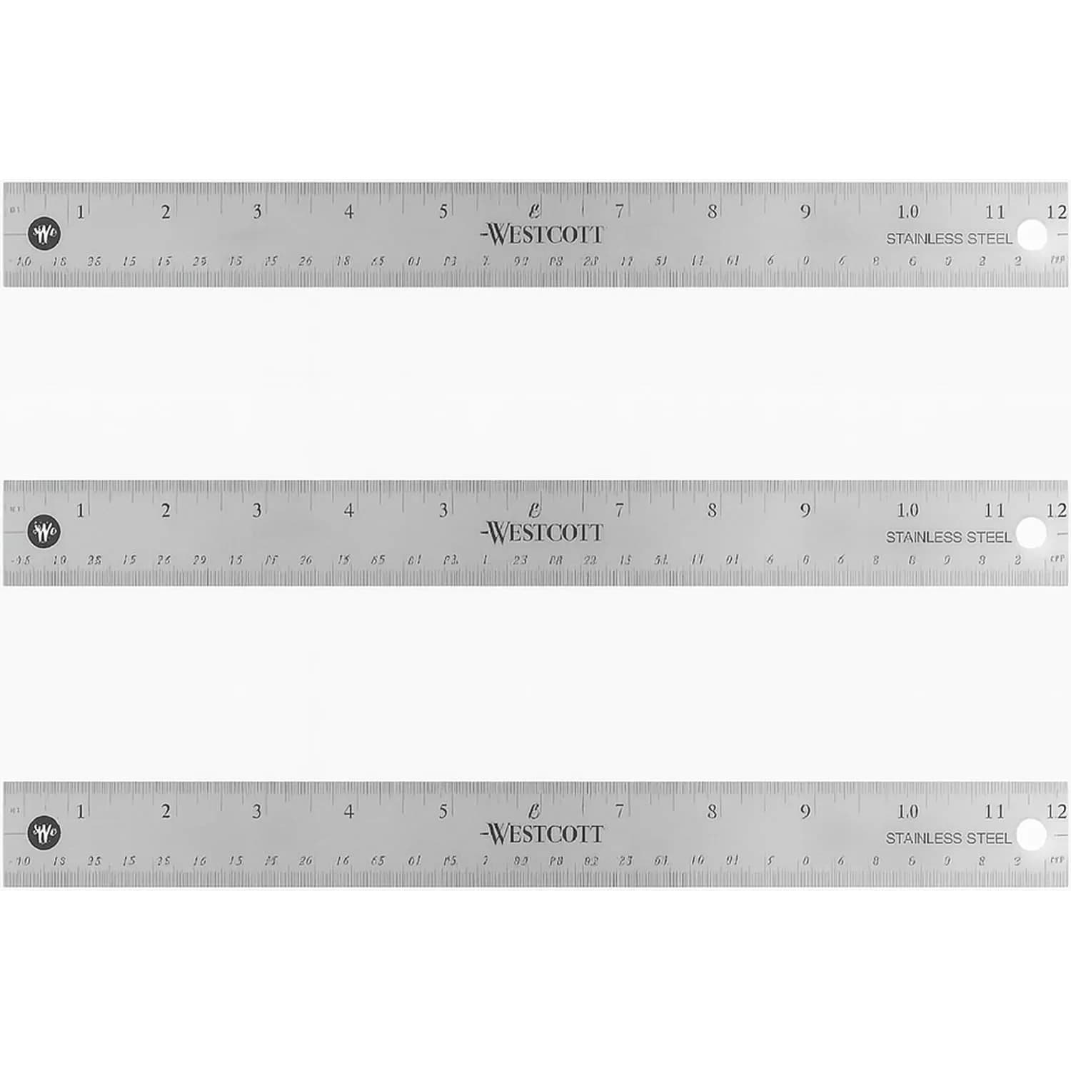 Westcott Stainless Steel Ruler Set with Non-Slip Cork Backing, Easy to Read Etched Markings, Flexible and Sturdy Design, for Crafting, Office, Classroom, Back to School Supplies, 12-Inch, 3 Pack — Silver –