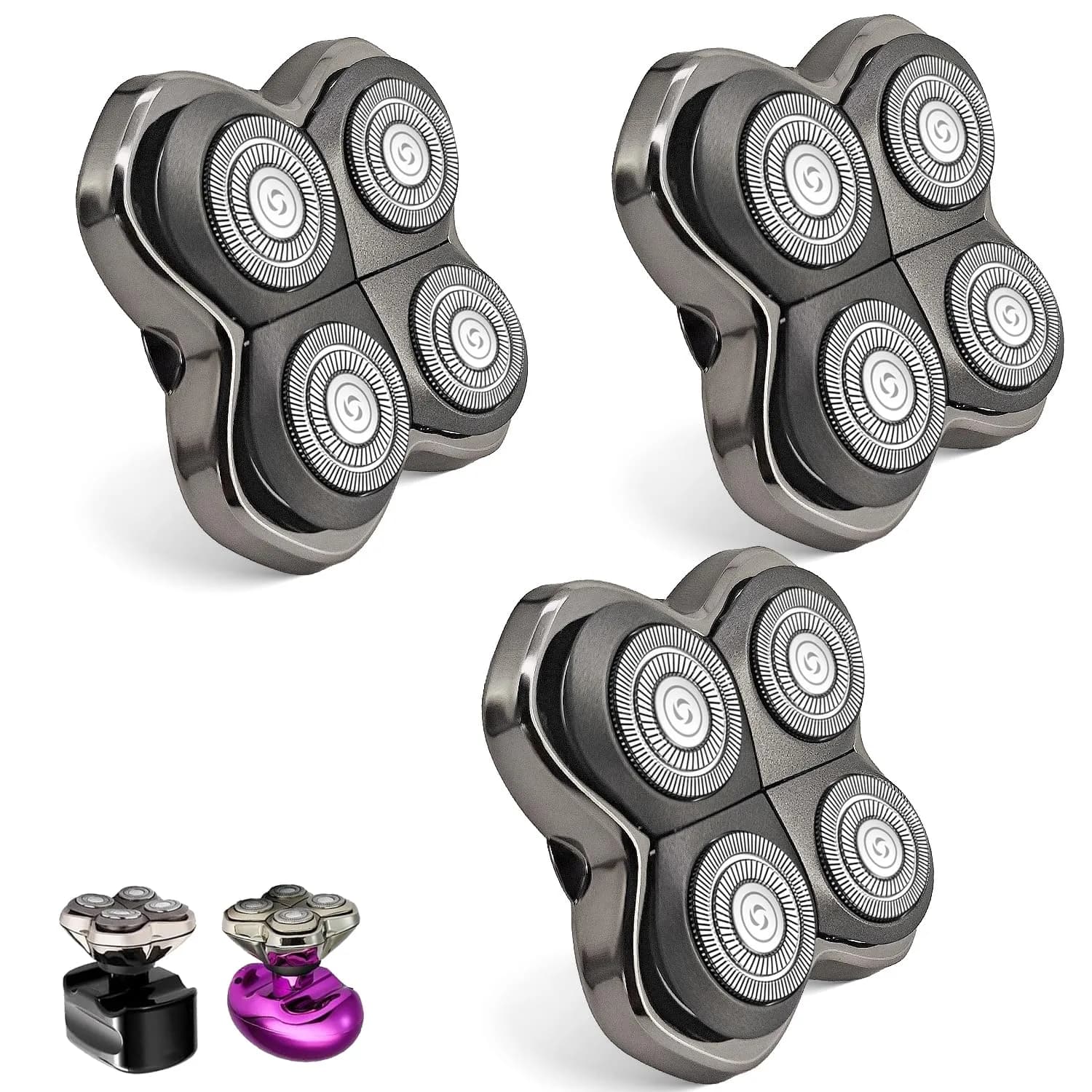 VODOZAVA 3-Pack Pro 4 Shaver Replacement Heads for Skull, Self-Sharpening Blades, Silver — 3-Pack