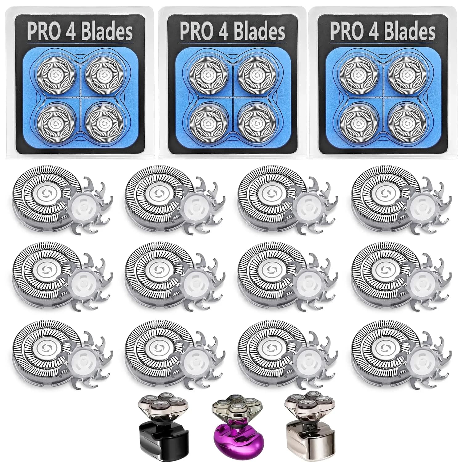 VODOZAVA 3-Pack Pro 4 Shaver Replacement Heads for Skull, Self-Sharpening Blades, Silver — 12-Pack