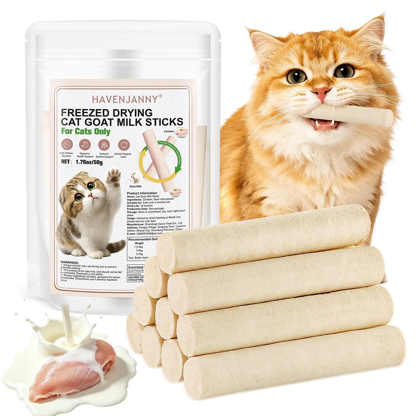 HavenJanny Cat Goat Milk Treats 50g (1.76 oz) | Chicken Stick for Digestion & Teeth Cleaning - main product image