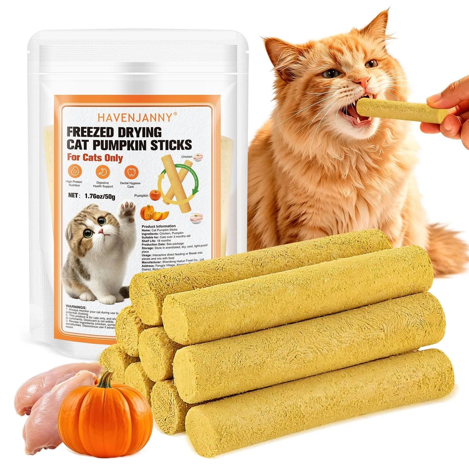 HavenJanny Freeze-Dried Chicken & Pumpkin Cat Treats, 50g (1.76 oz) | Digestive Support & Teeth Cleaning — Pumpkin Chicken