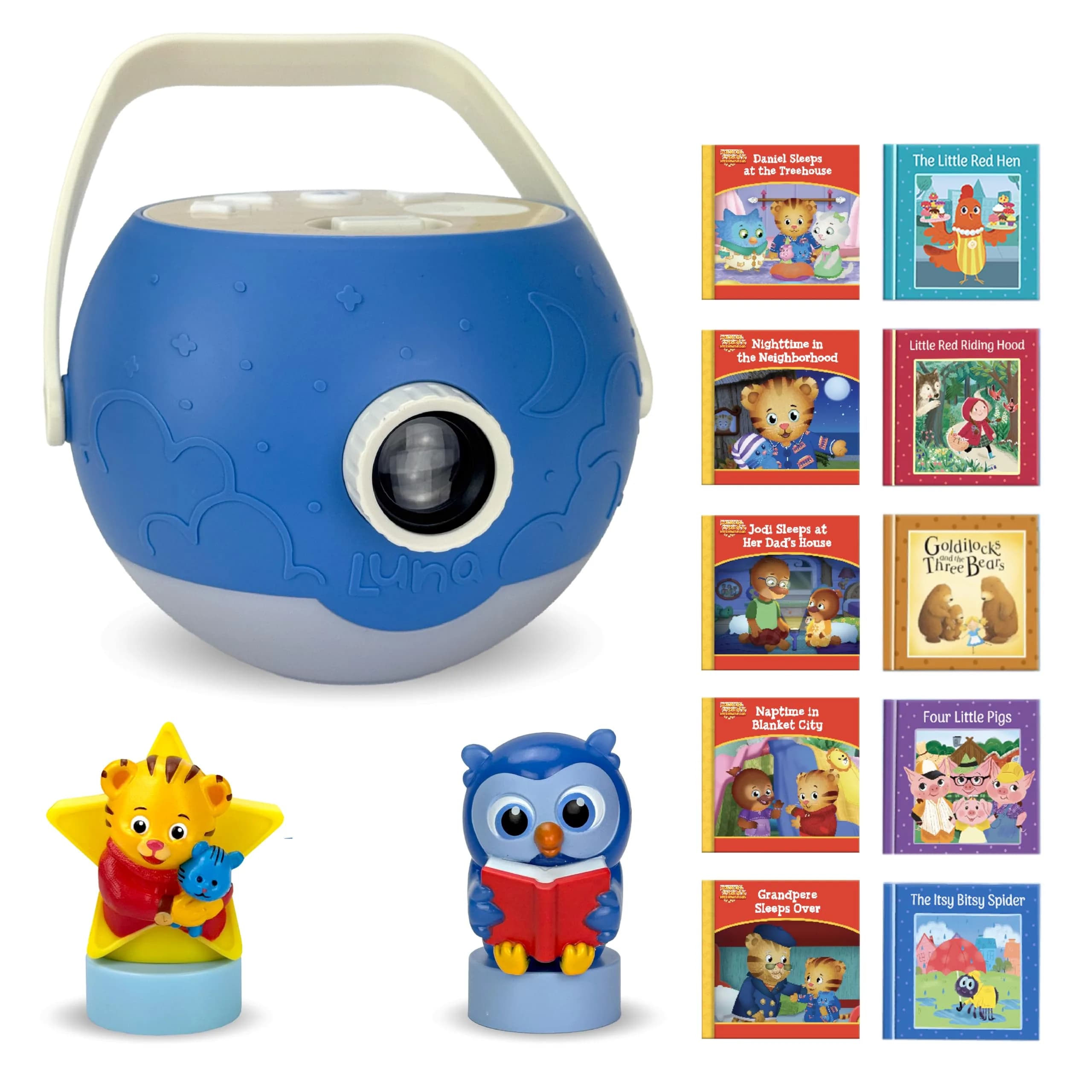 LUNA STORYTIME Kids Book Projector - 5 Daniel Tiger & Fairytale Stories, 10 Songs, Ages 3+ | Screen-Free Bedtime Fun