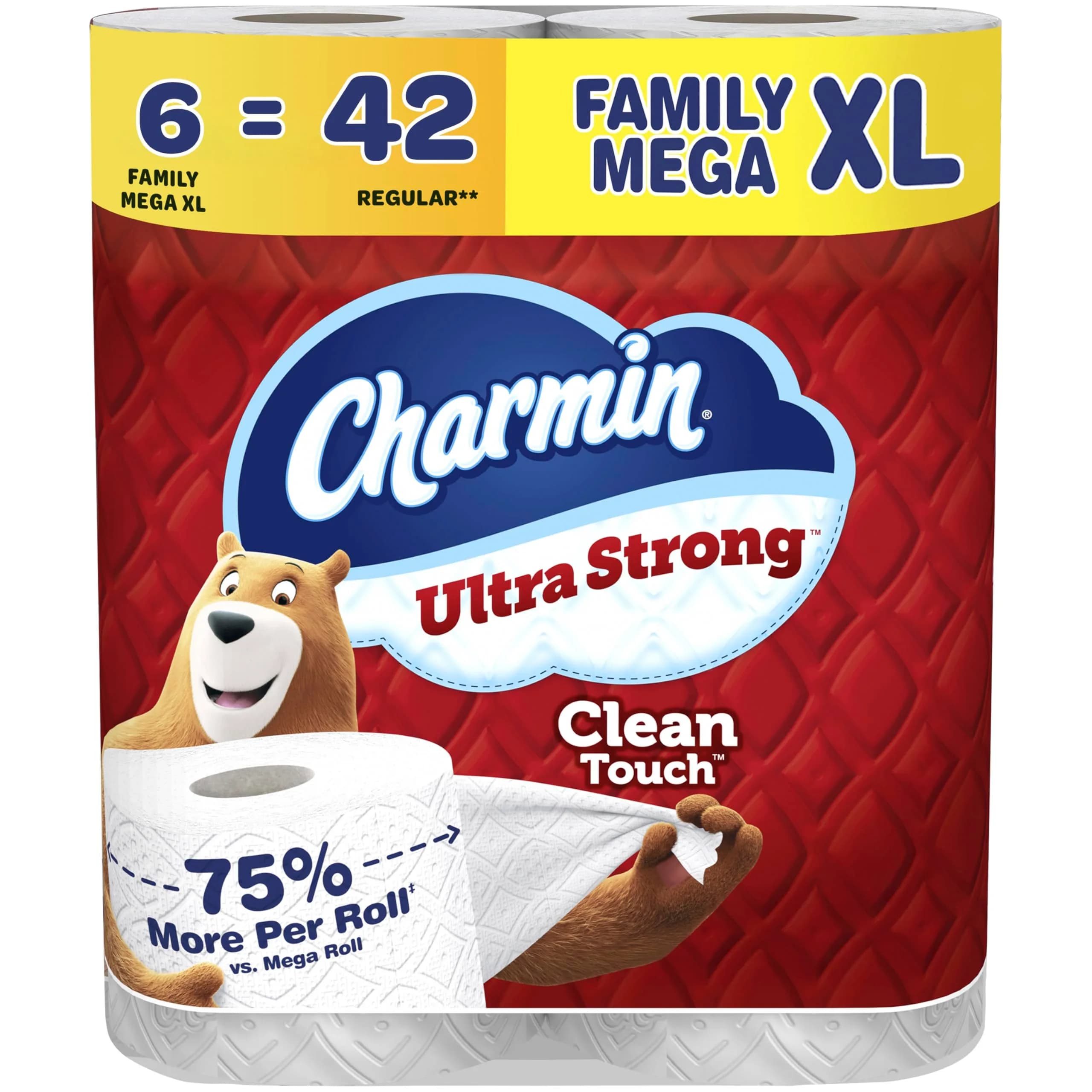 Charmin Ultra Strong Clean Touch Toilet Paper, 6 Family Mega XL Rolls (2310 Sheets Total) | 4X Stronger When Wet — 6 Rolls (385 Sheets)