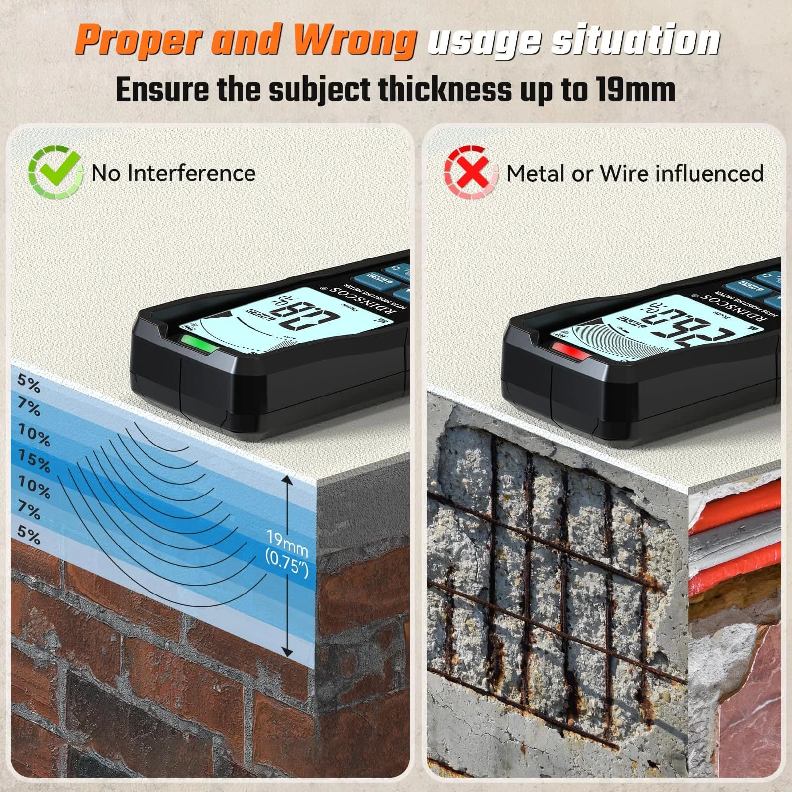 RDINSCOS Pinless Moisture Meter for Drywall & Concrete, Black | Non-Invasive Surface Scanner - view 5