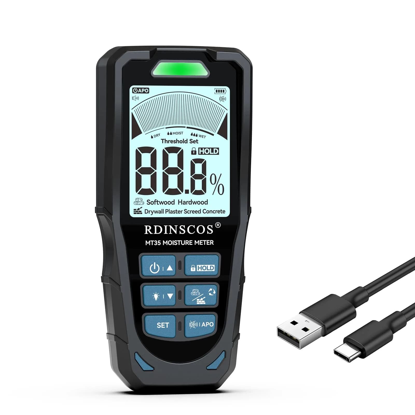 RDINSCOS Pinless Moisture Meter for Walls & Floors | 19mm Deep Detection — Black