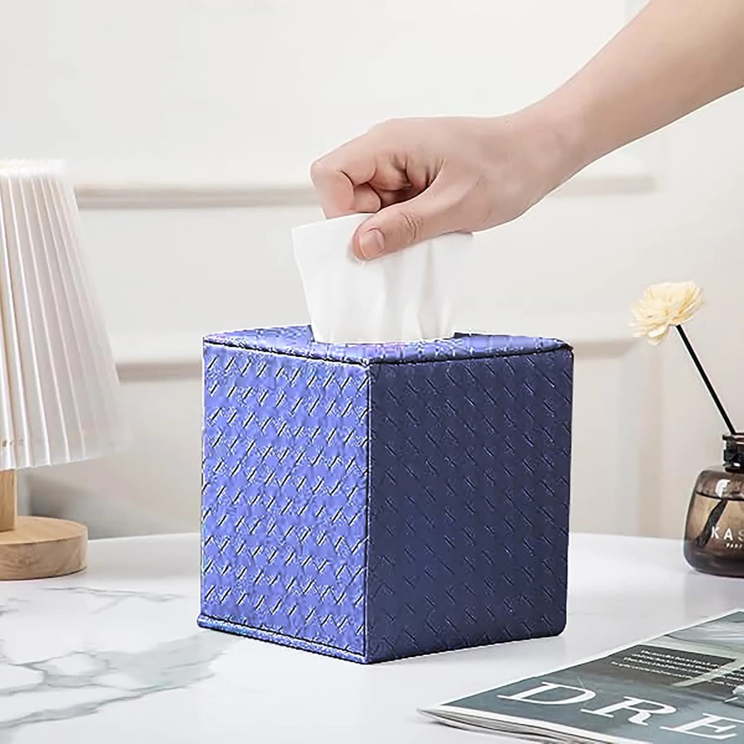 SUNYUROU Black Square Tissue Box Cover | PU Leather & Wood, Magnetic Closure — Blue / Square