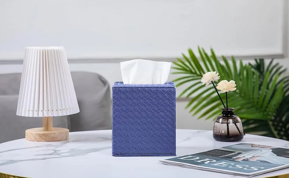 SUNYUROU Blue Square Tissue Box Cover | Modern PU Fabric & Wood Holder for Bathroom Countertop thumbnail 5