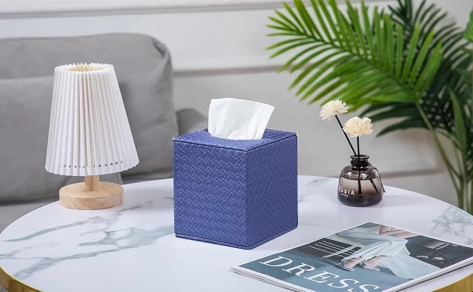 SUNYUROU Blue Square Tissue Box Cover | Modern PU Fabric & Wood Holder for Bathroom Countertop thumbnail 6
