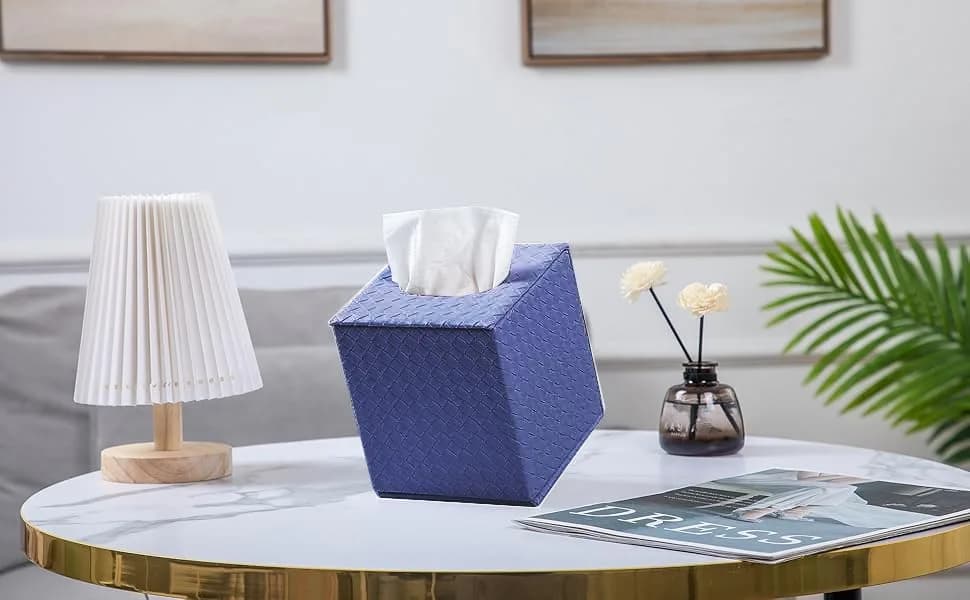 SUNYUROU Blue Square Tissue Box Cover | Modern PU Fabric & Wood Holder for Bathroom Countertop thumbnail 8