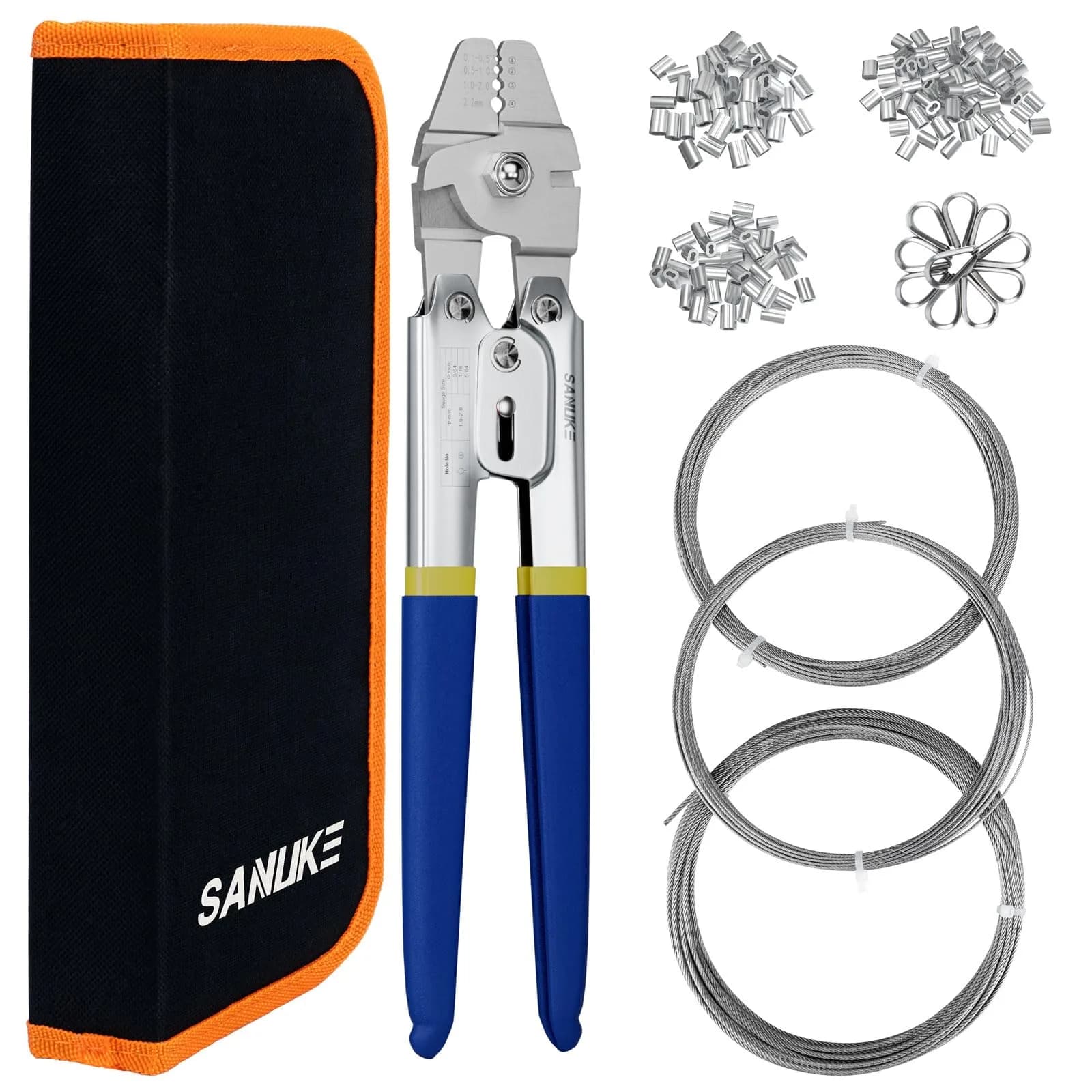 Sanuke Wire Rope Crimping Tool Kit with 150Pcs Crimp Sleeves & 10 Thimbles | Heavy Duty Stainless Steel Swager — Wire Rope Crimper Kit