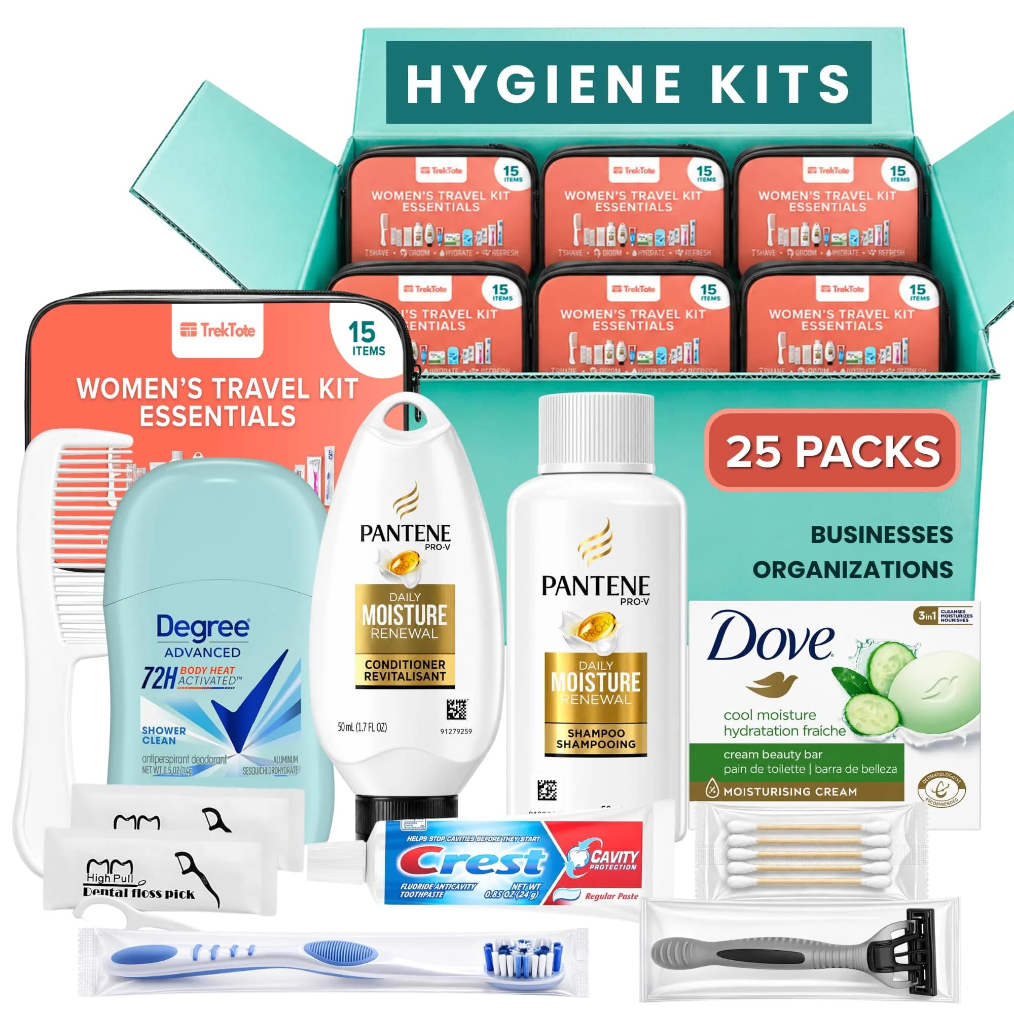 TREKTOTE Womens Hygiene Kits 25 Pack Travel Size Toiletries for Care Packages | Pre-Assembled, TSA Approved, Ready for Distribution