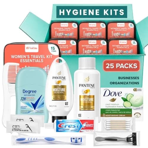 TREKTOTE Womens Hygiene Kits 25 Pack Travel Size Toiletries for Care Packages | Pre-Assembled, TSA Approved, Ready for Distribution thumbnail 1