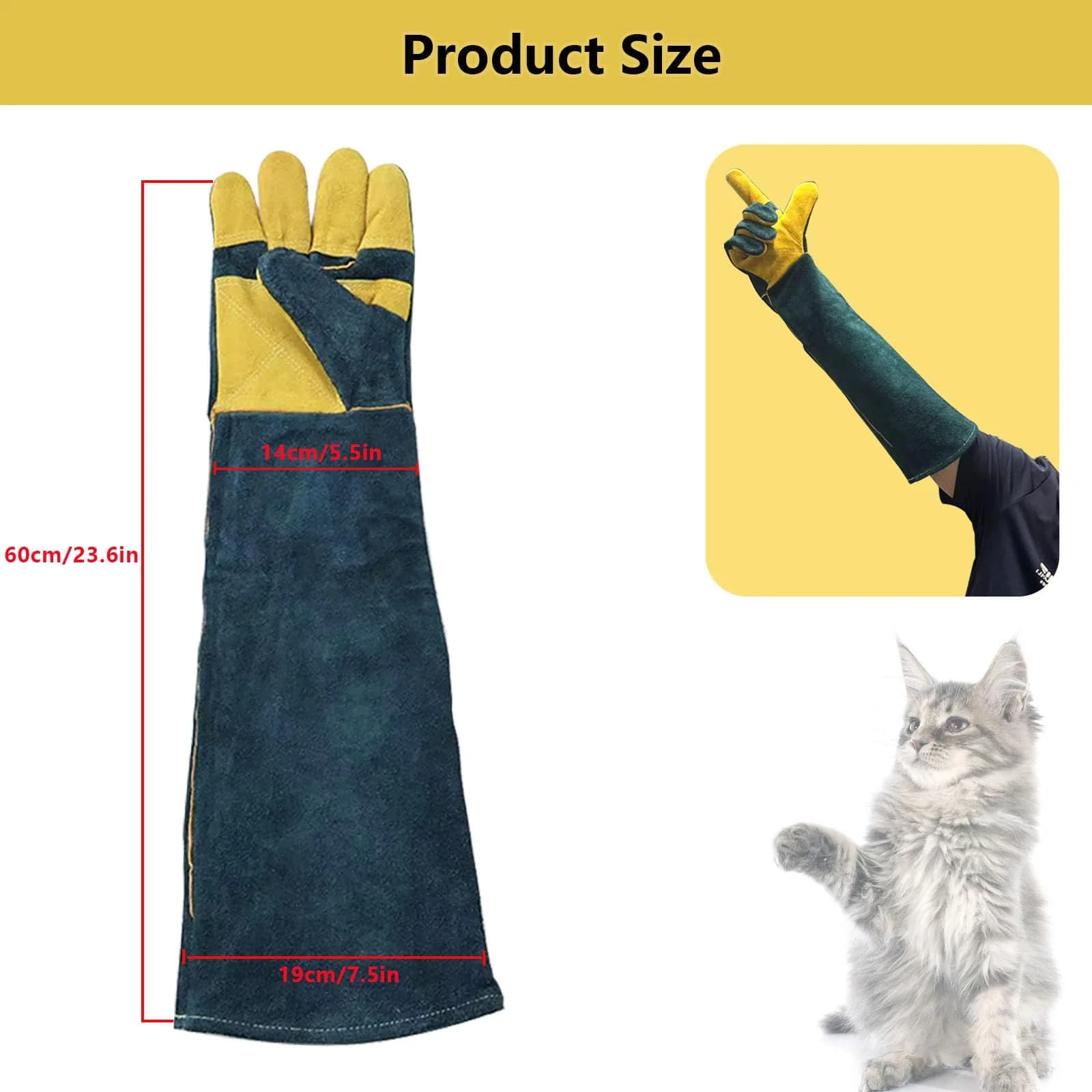 PeSandy Animal Handling Gloves 60 cm (23.6 in) | Bite & Scratch Resistant Cowhide with Cotton Lining - view 3