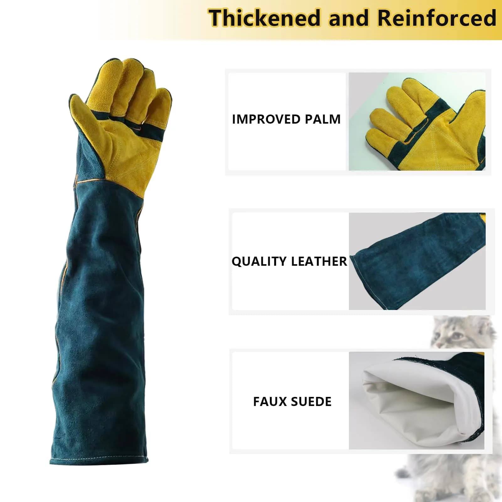 PeSandy Animal Handling Gloves 60 cm (23.6 in) | Bite & Scratch Resistant Cowhide with Cotton Lining - view 4