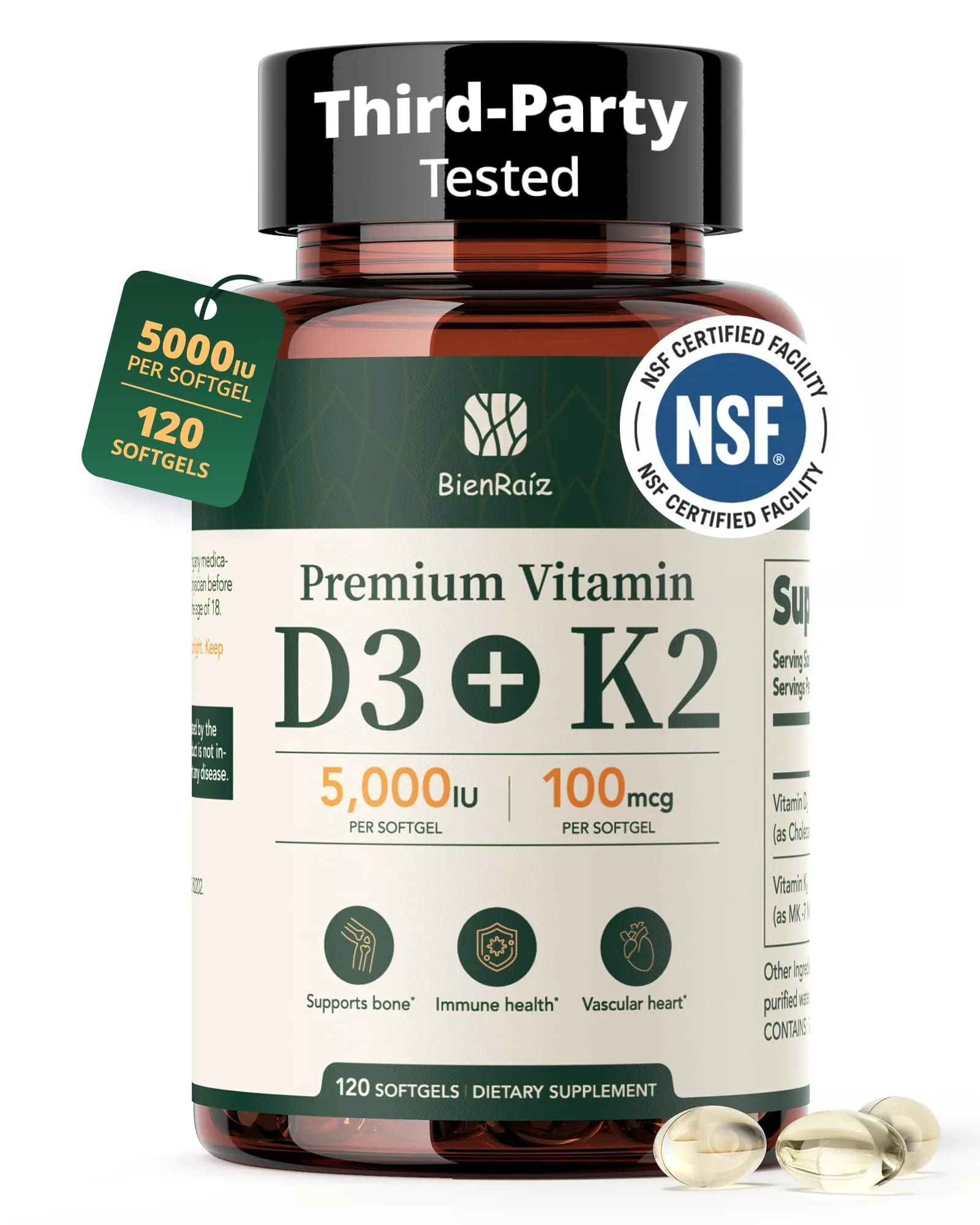 BienRaíz Vitamin D3 K2 10000IU 120 Softgels | Supports Bone & Heart Health — 5000IU