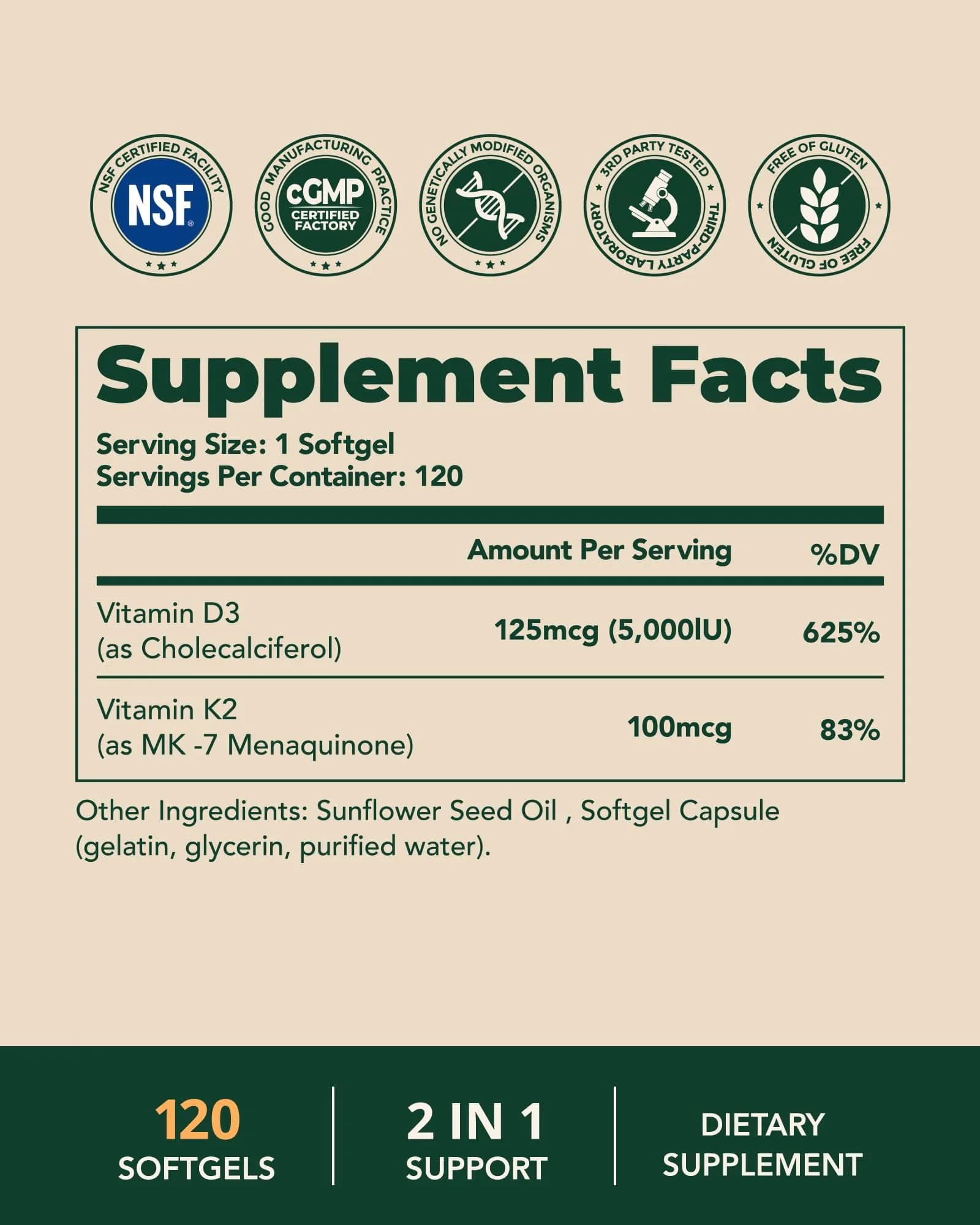 BienRaíz Vitamin D3 K2 5000IU, All-Trans MK-7 100mcg | Bone & Heart Support, 120 Softgels, USA Import thumbnail 9