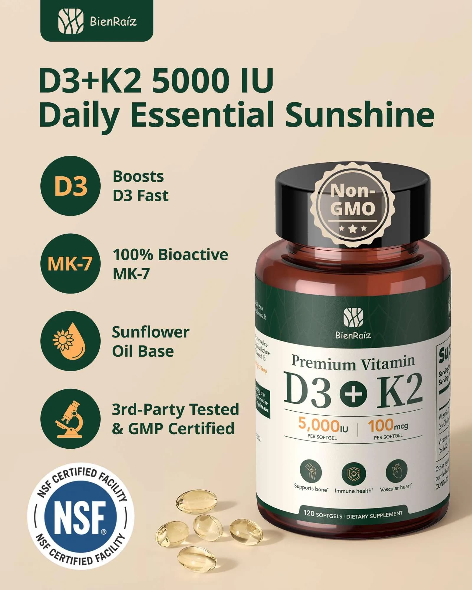 BienRaíz Vitamin D3 K2 5000IU, All-Trans MK-7 100mcg | Bone & Heart Support, 120 Softgels, USA Import thumbnail 4