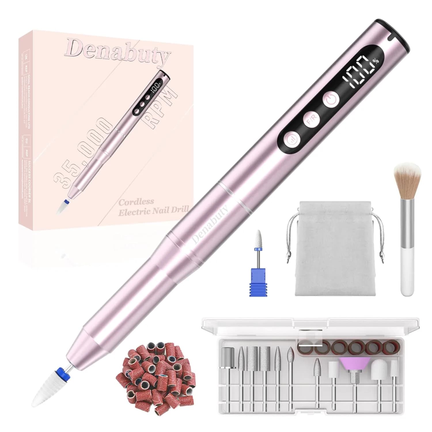 Denabuty Cordless Electric Nail Drill 35000RPM Pink | Professional Manicure & Pedicure Kit - main product image