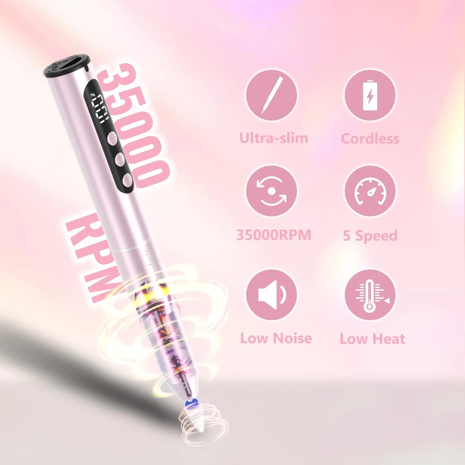 Denabuty Cordless Electric Nail Drill 35000RPM Pink | Professional Manicure & Pedicure Kit - view 2