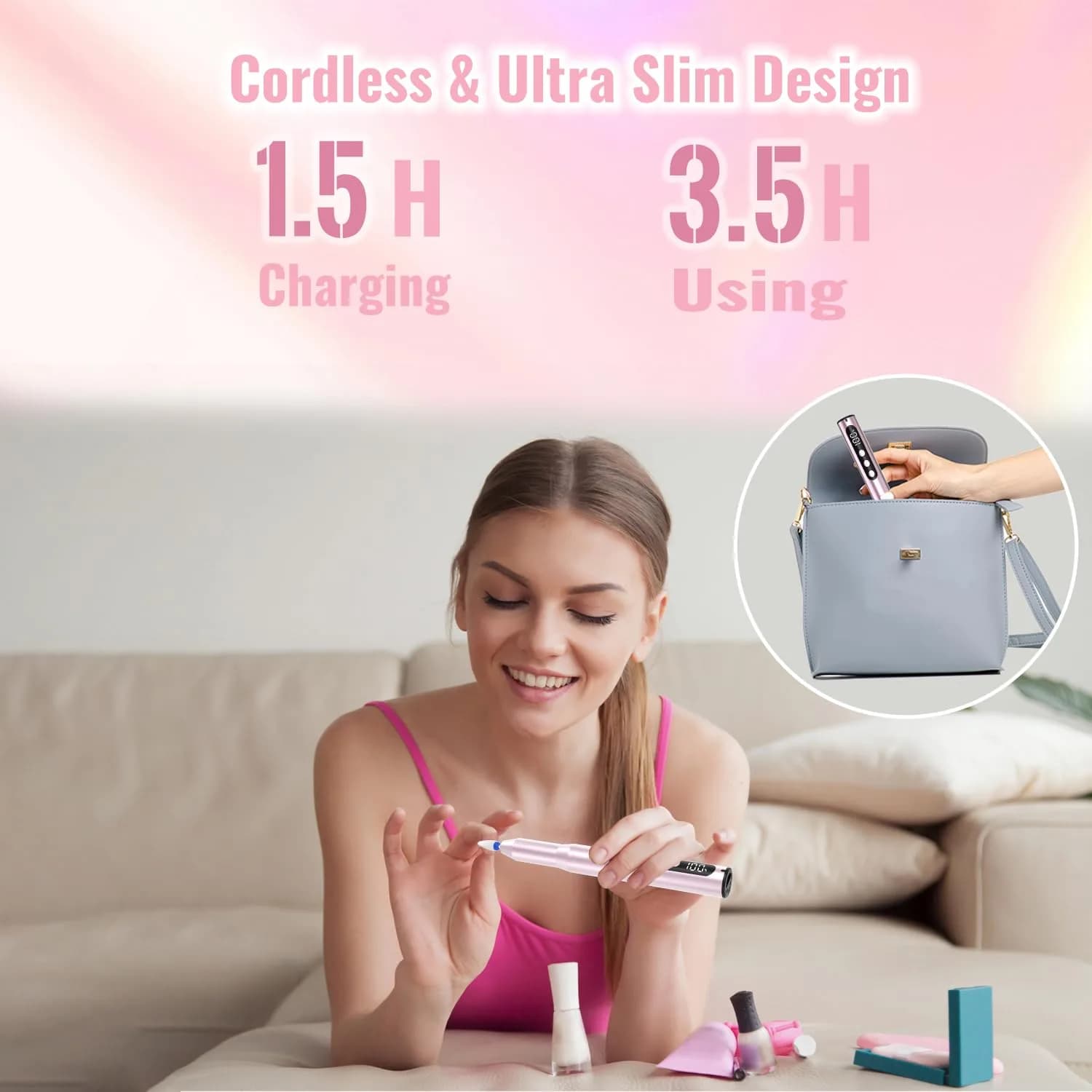 Denabuty Cordless Electric Nail Drill 35000RPM Pink | Professional Manicure & Pedicure Kit - view 3