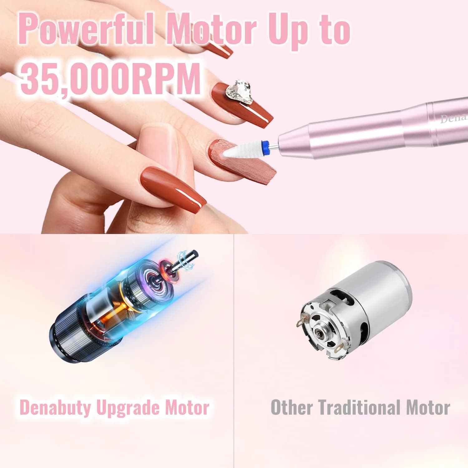 Denabuty Cordless Electric Nail Drill 35000RPM Pink | Professional Manicure & Pedicure Kit - view 4