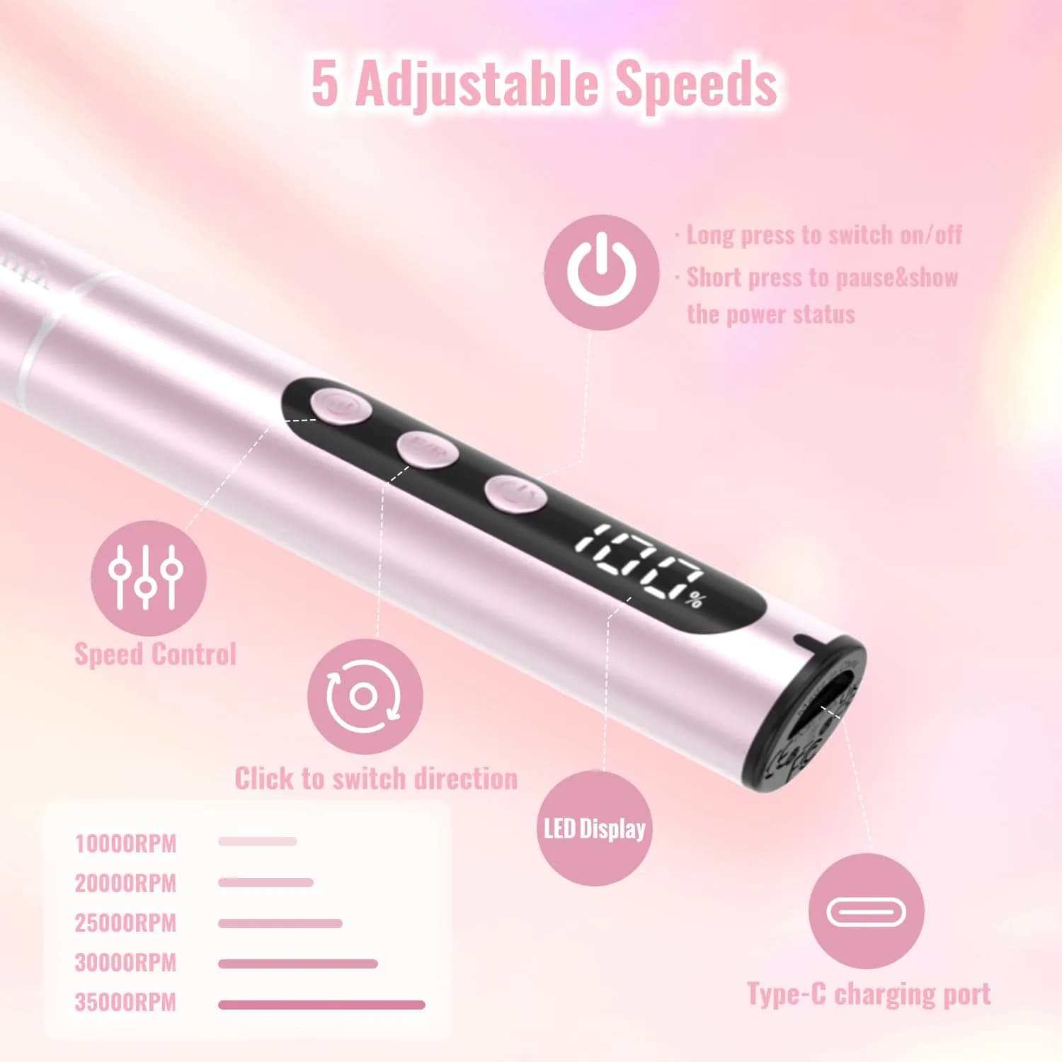 Denabuty Cordless Electric Nail Drill 35000RPM Pink | Professional Manicure & Pedicure Kit - view 5