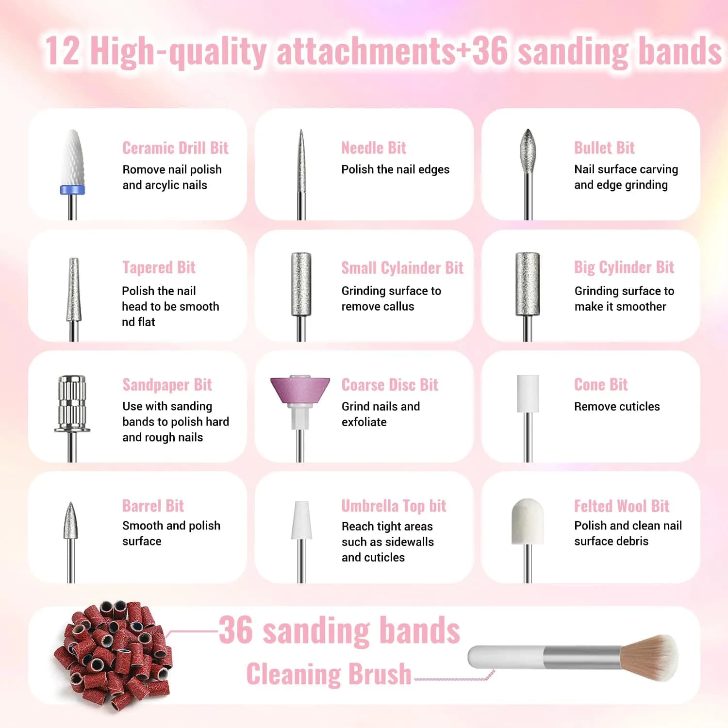 Denabuty Cordless Electric Nail Drill 35000RPM Pink | Professional Manicure & Pedicure Kit - view 6