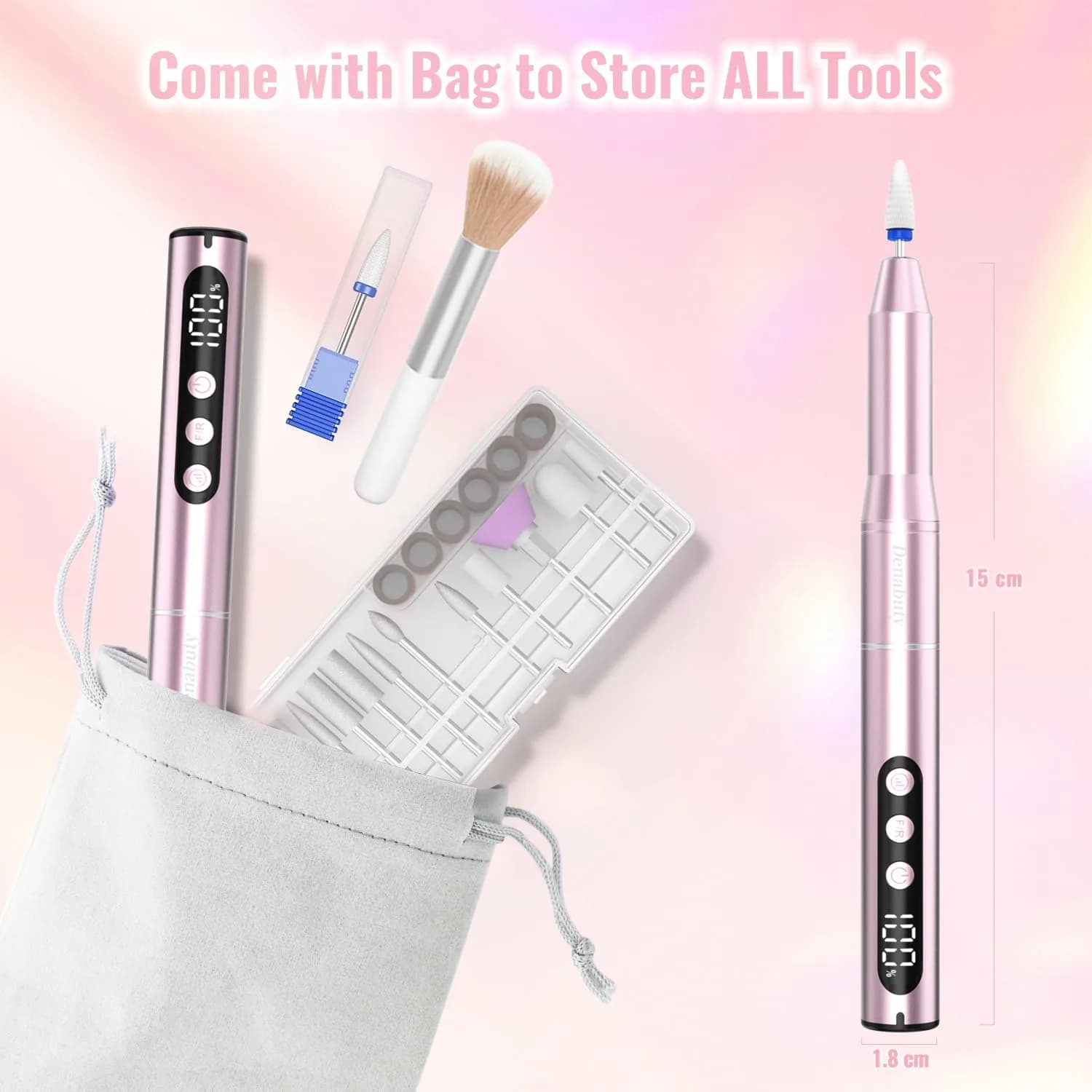 Denabuty Cordless Electric Nail Drill 35000RPM Pink | Professional Manicure & Pedicure Kit - view 7
