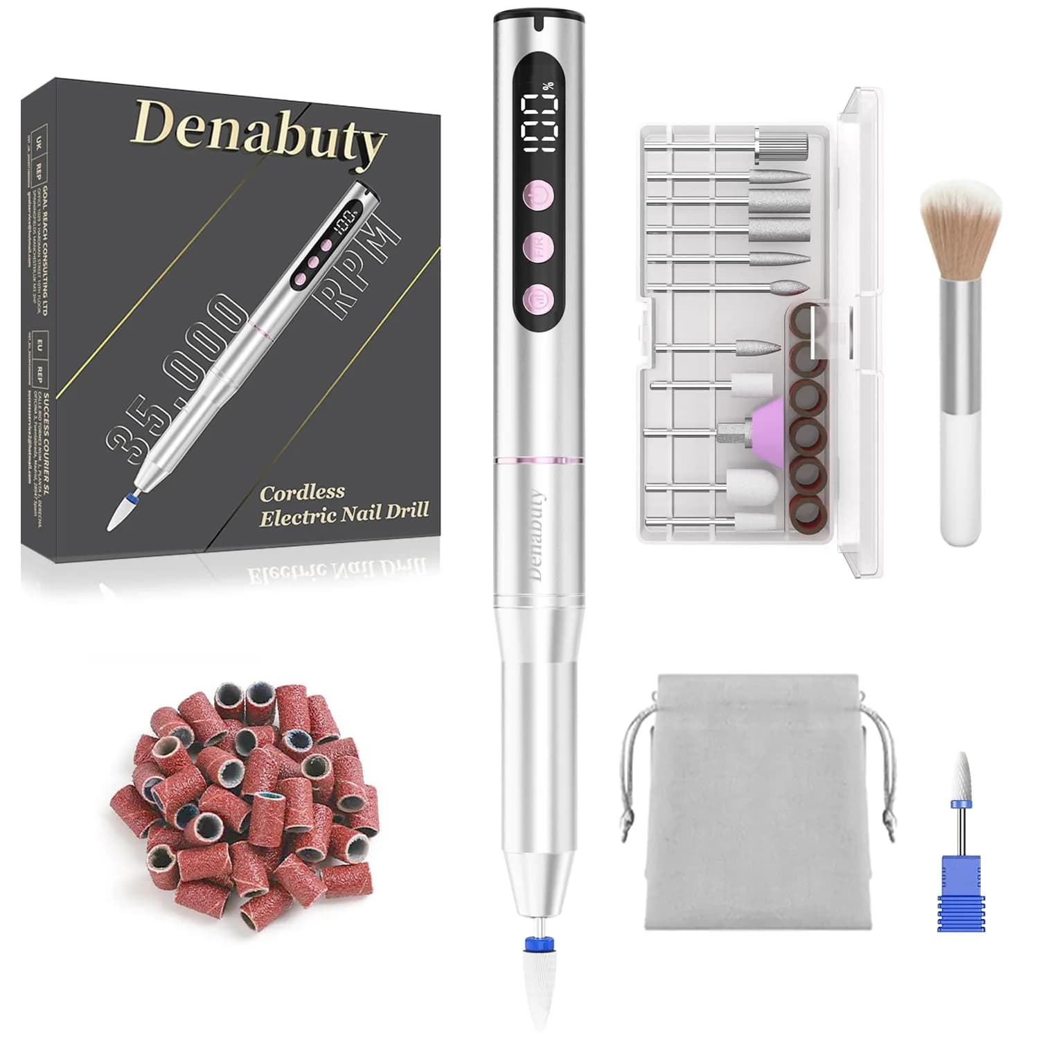 Denabuty Cordless Electric Nail Drill 35000RPM Silver | Professional Manicure & Pedicure Kit - main product image