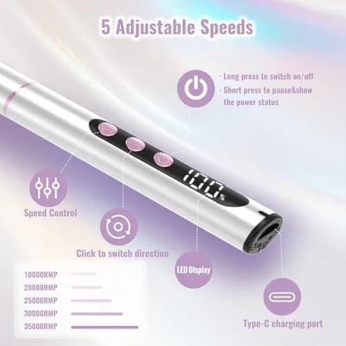 Denabuty Cordless Electric Nail Drill 35000RPM | Professional Manicure & Pedicure Kit with LCD Display thumbnail 5